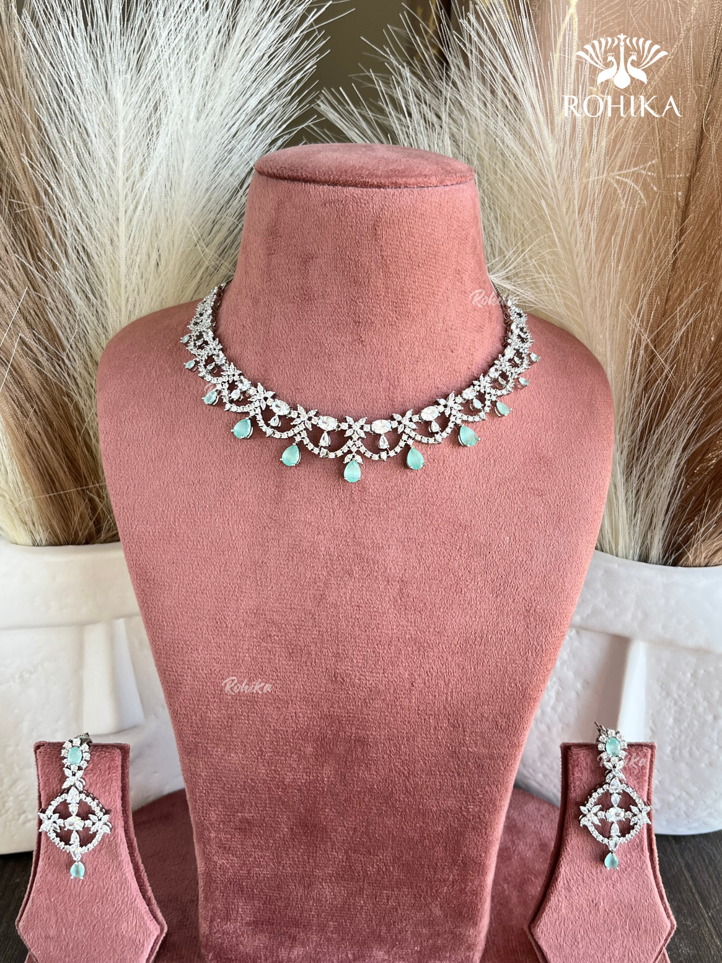 Hinaya American diamond necklace set - Mint green