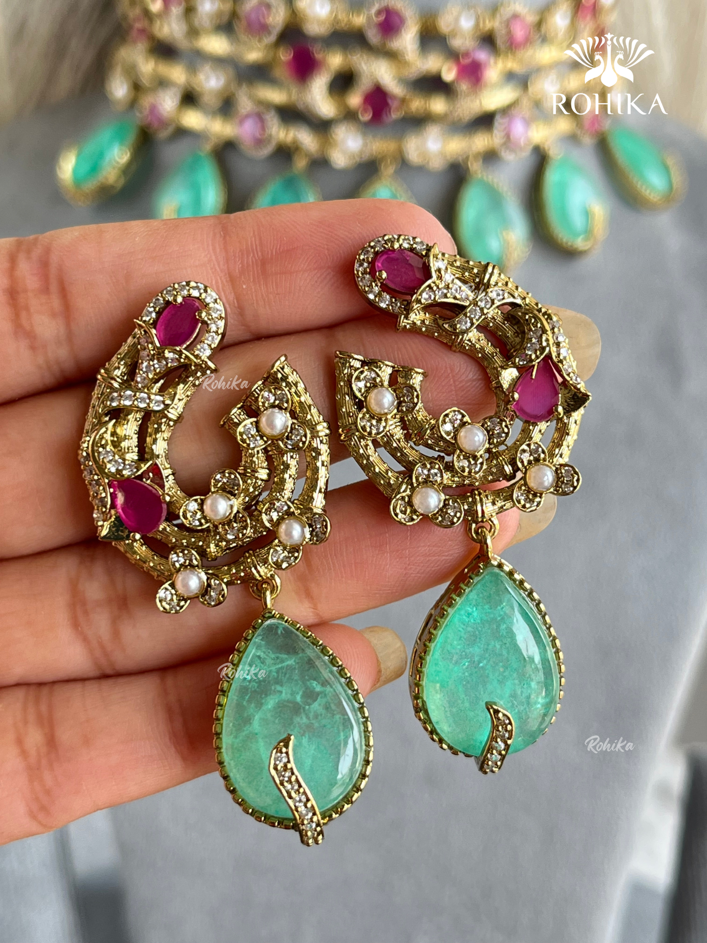 Floral choker set -  Ruby red & mint green