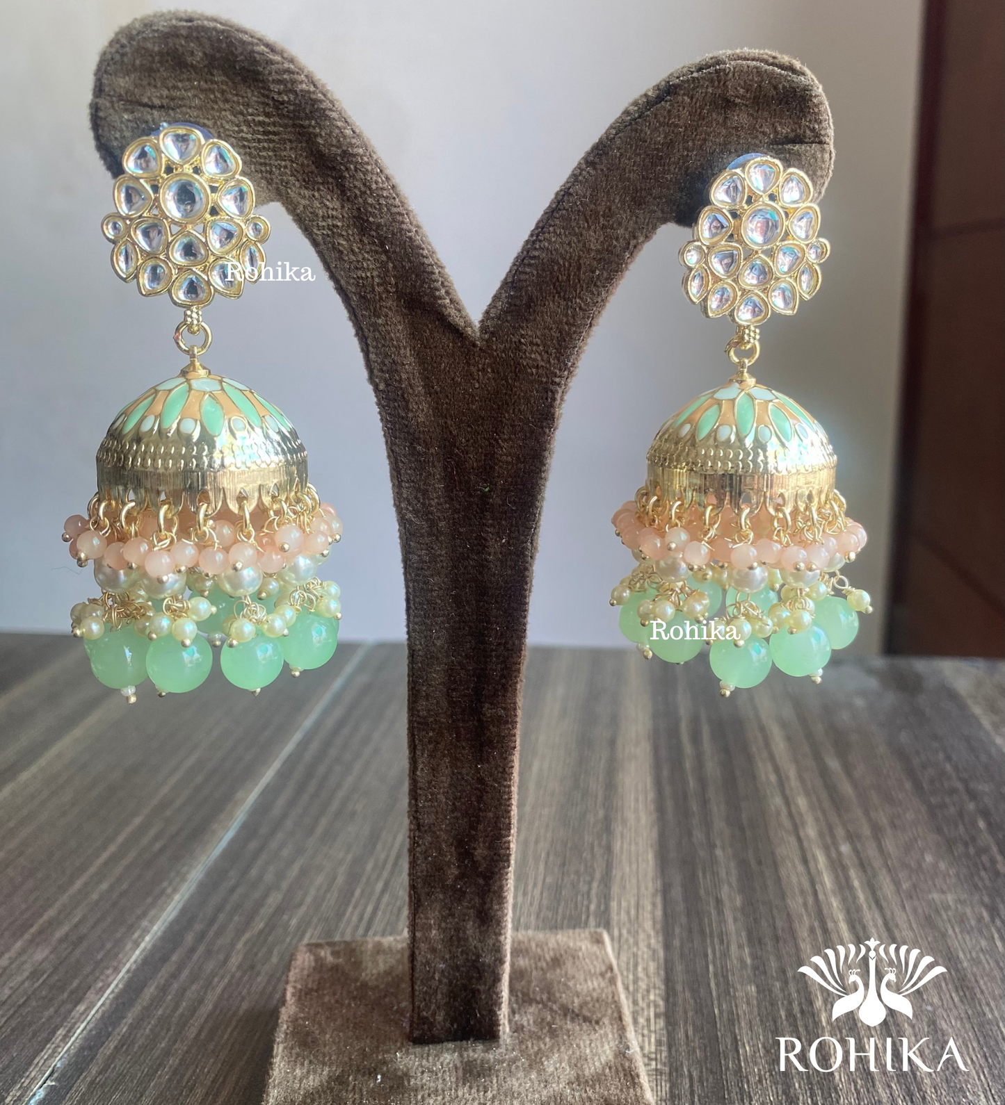 Rashmika jhumka earrings - Sea Green and Orange