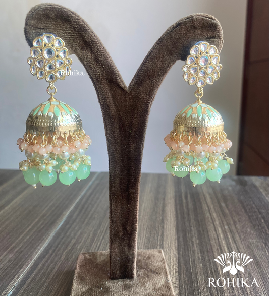 Rashmita jhumka earrings - Sea Green and Orange