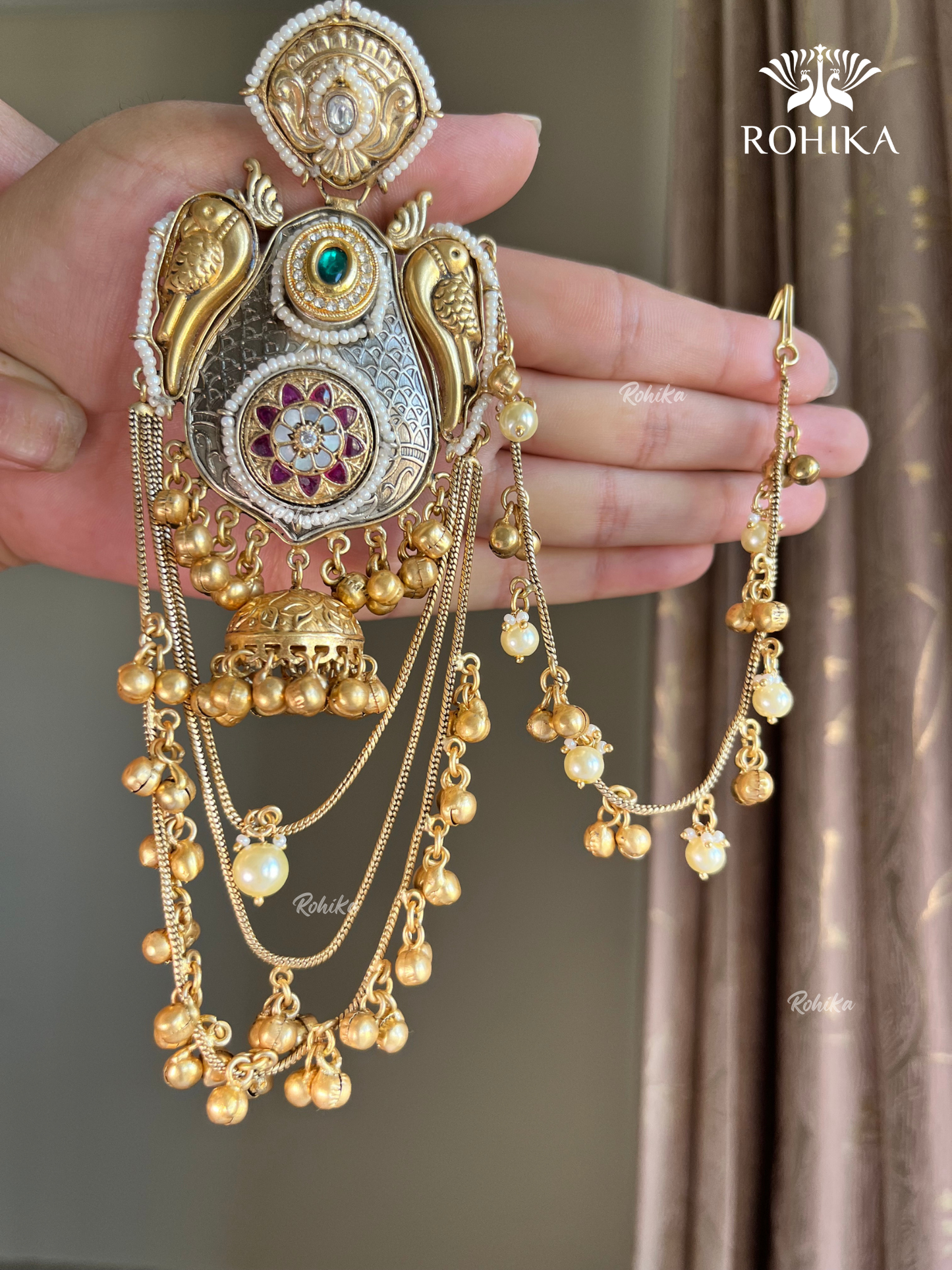 Piya polki  jhumka earrings with earchains(EE-005)- Dark green and Ruby Red