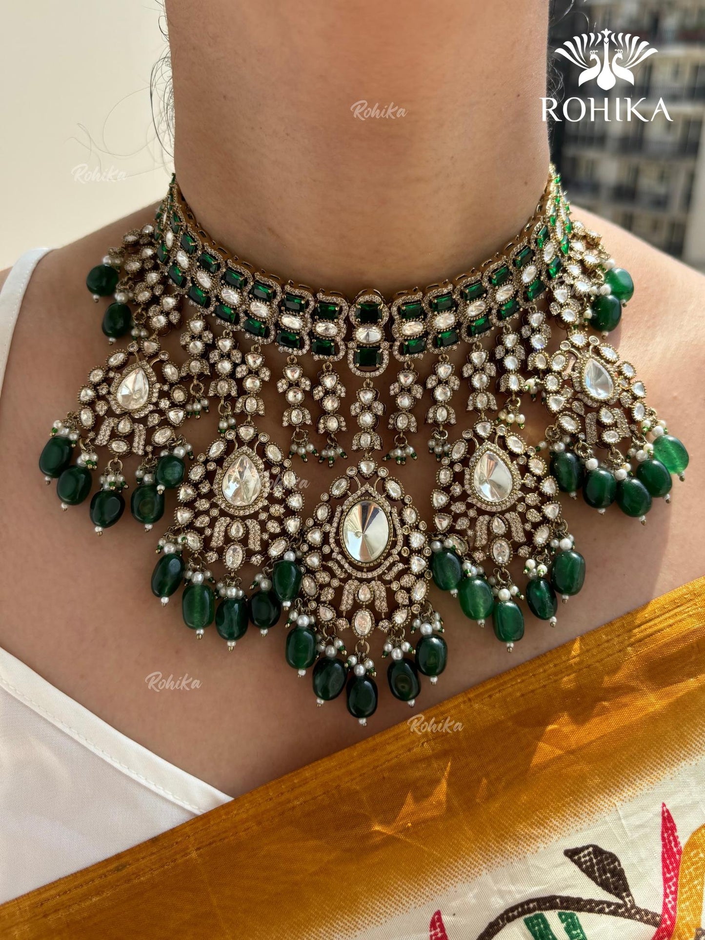 Anokhi Polki Kundan Bridal Necklace Set - Dark green