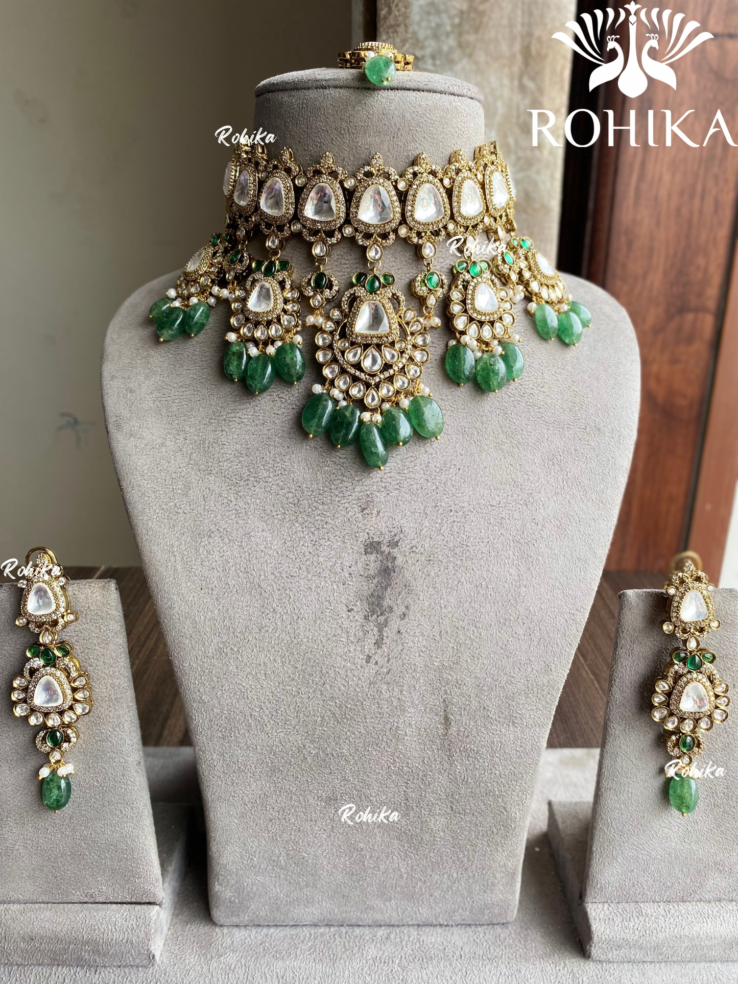 Visha bikaneri polki kundan necklace set - Dark green