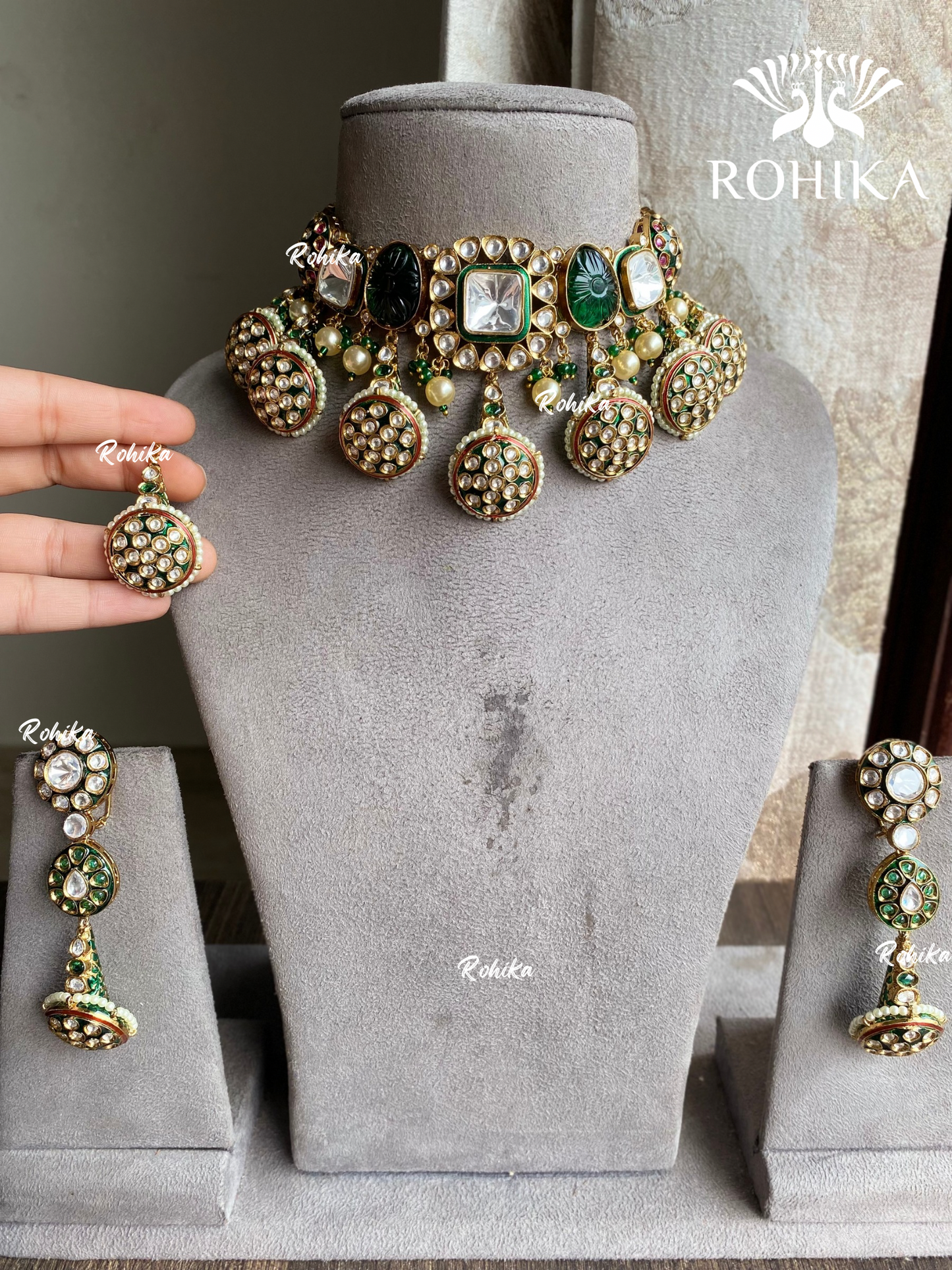 Reeti polki kundan choker set - Dark Green