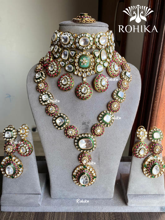 Durga bikaneri polki kundan bridal combo set - Pink