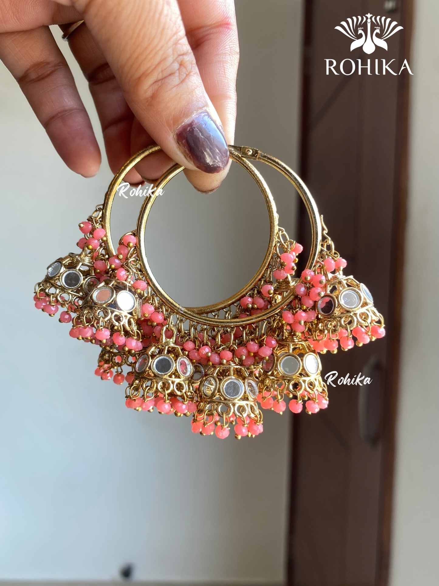 Leena mirror jhumki bali earrings - Dark peach