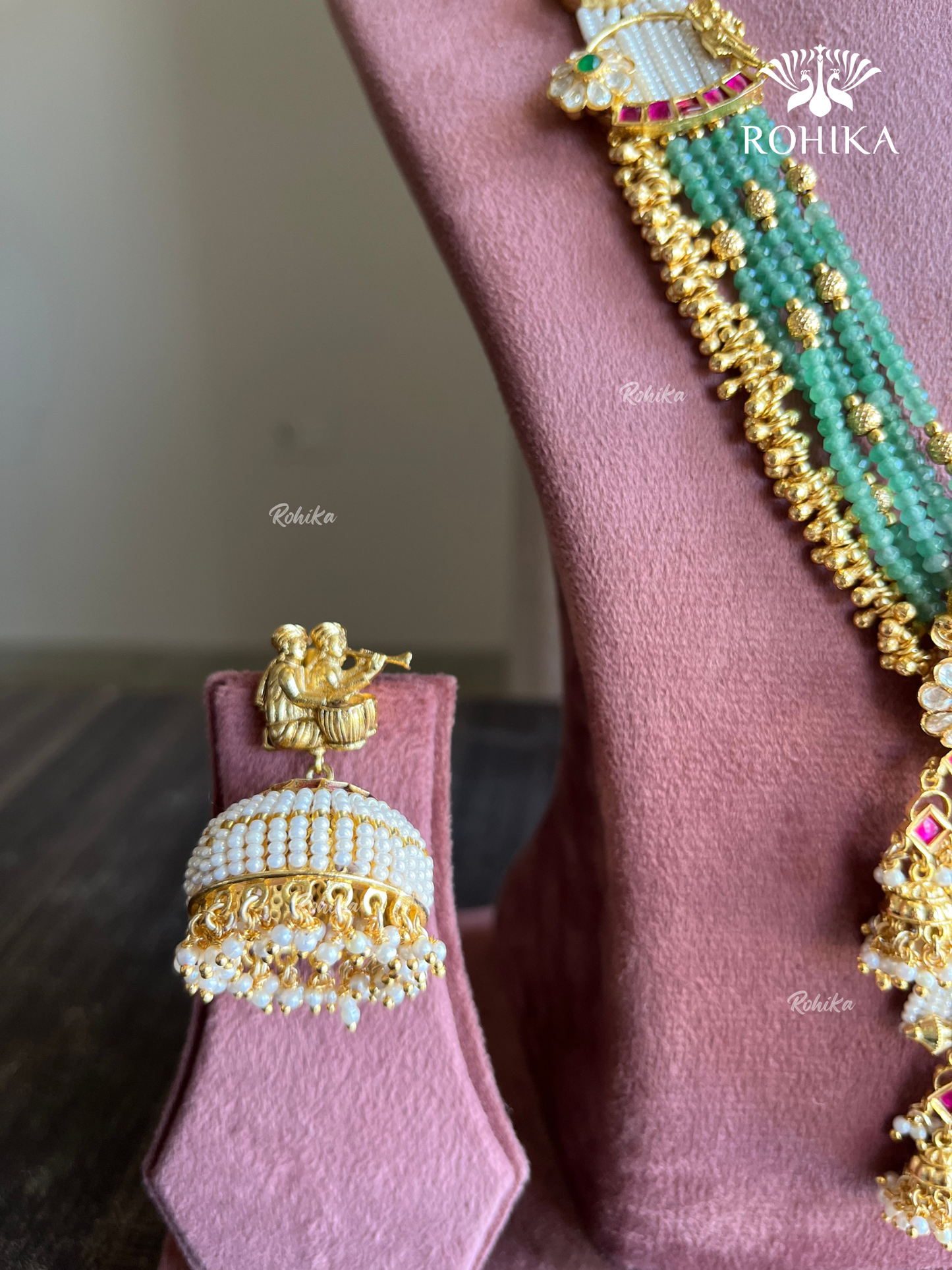 Kalyani Moissanite 22kt Gold Polish Temple Jewellery Set- Mint Green