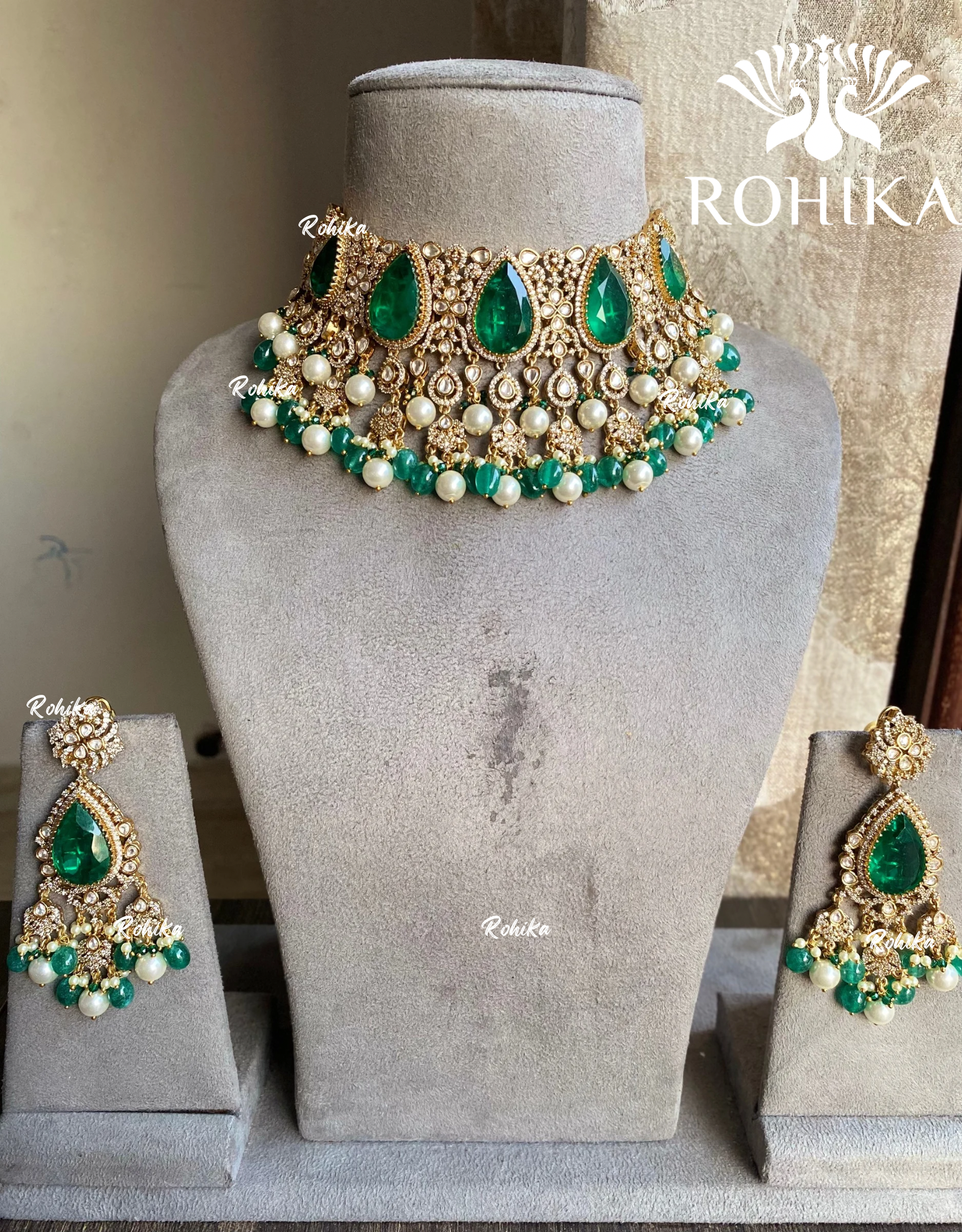 Pavni doublet kundan necklace set - Dark green