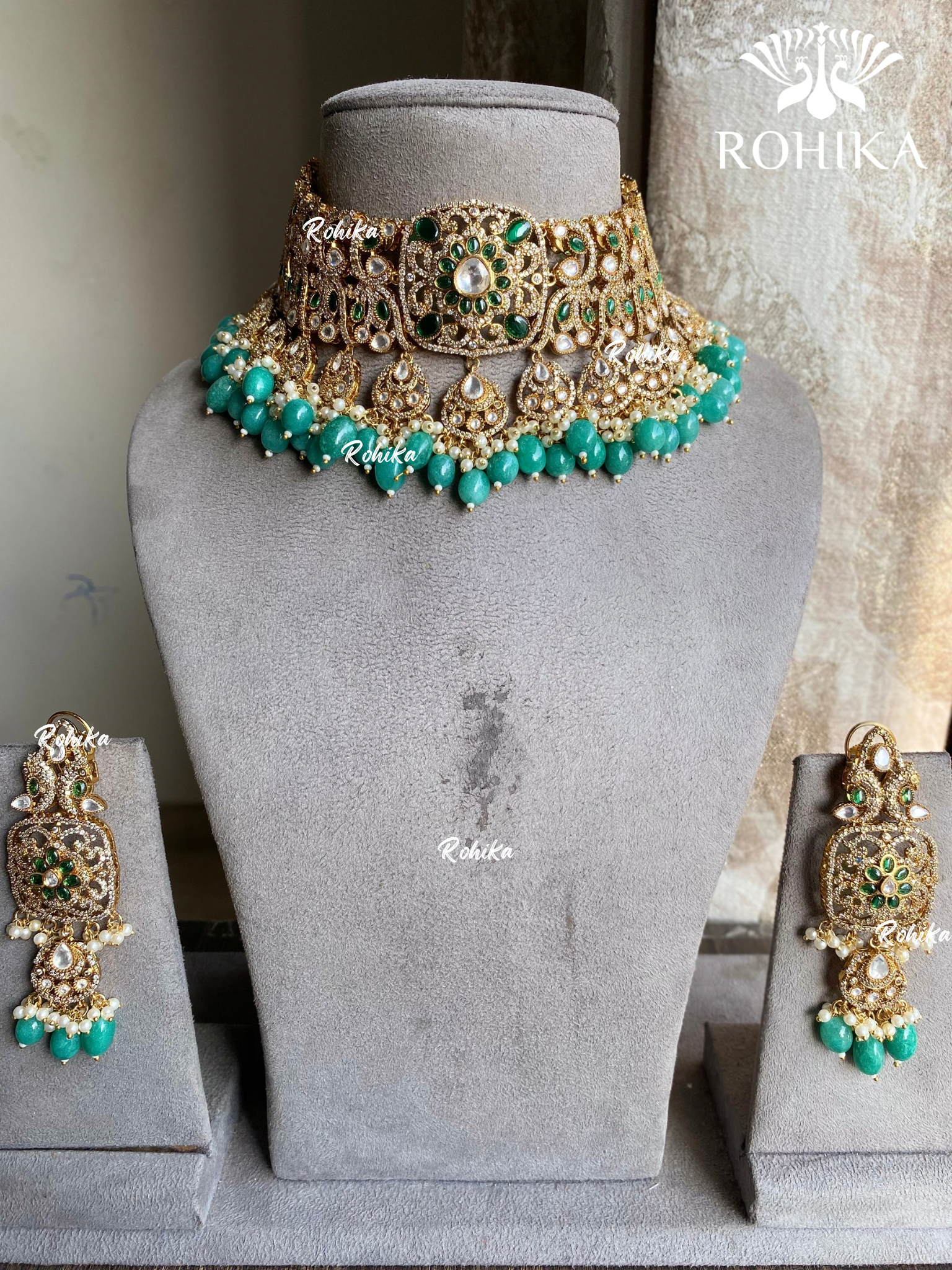 Swapna polki kundan necklace set - Green