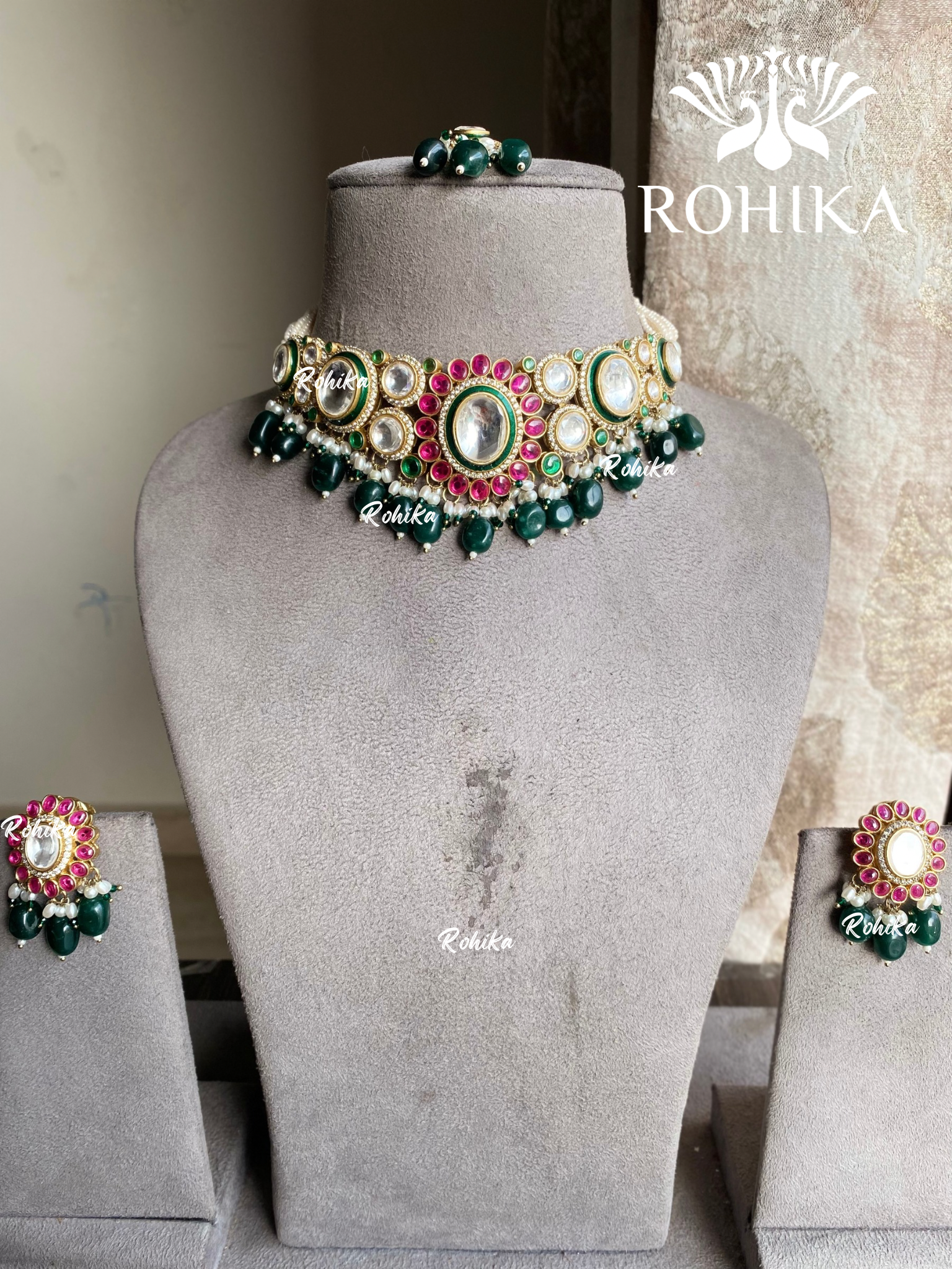 Pragya polki kundan choker set - Dark Green