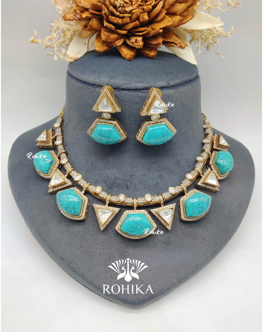 Saraswati polki kundan necklace set - Blue