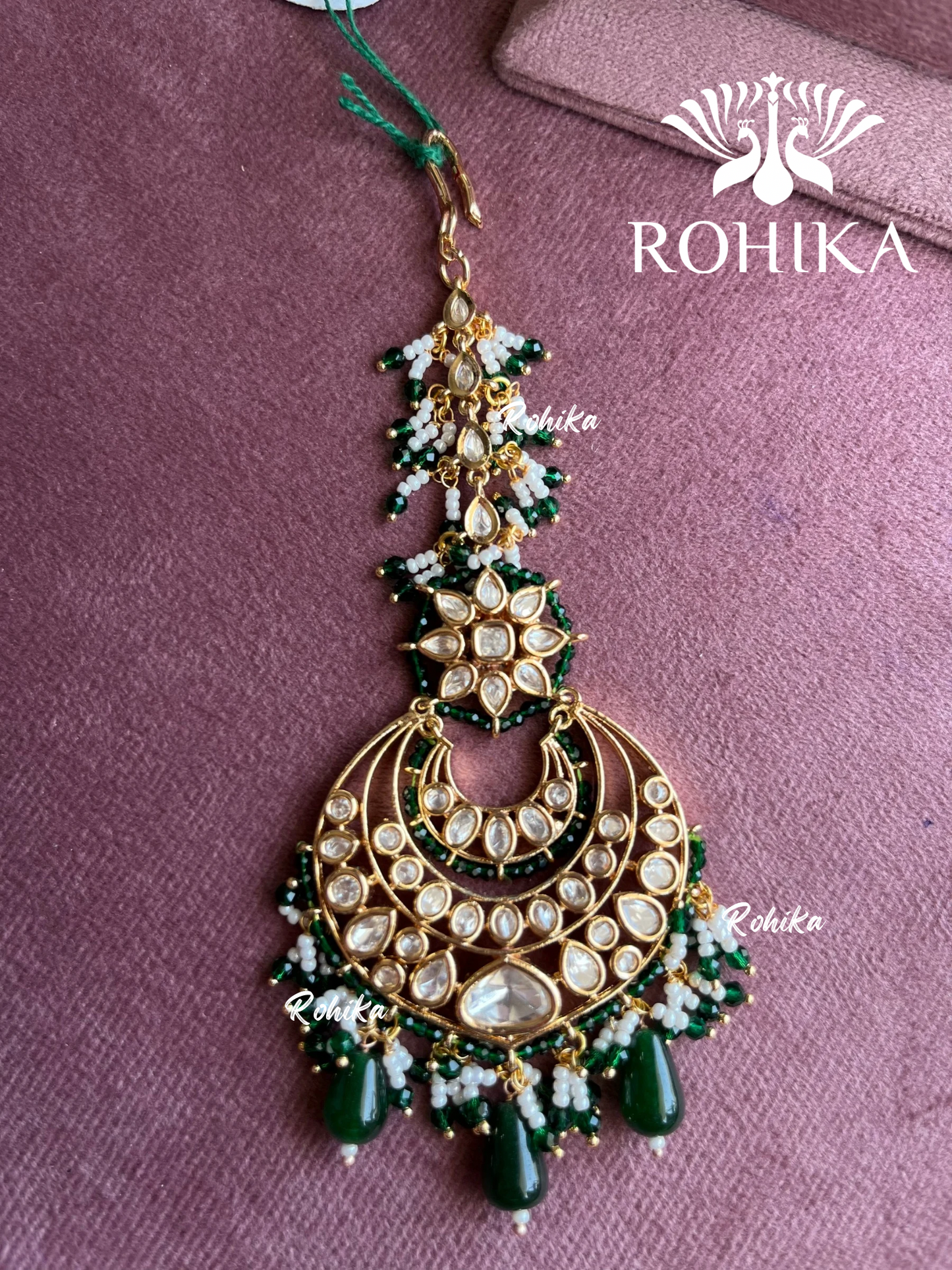 Soohi polki kundan maangtikka - Dark green