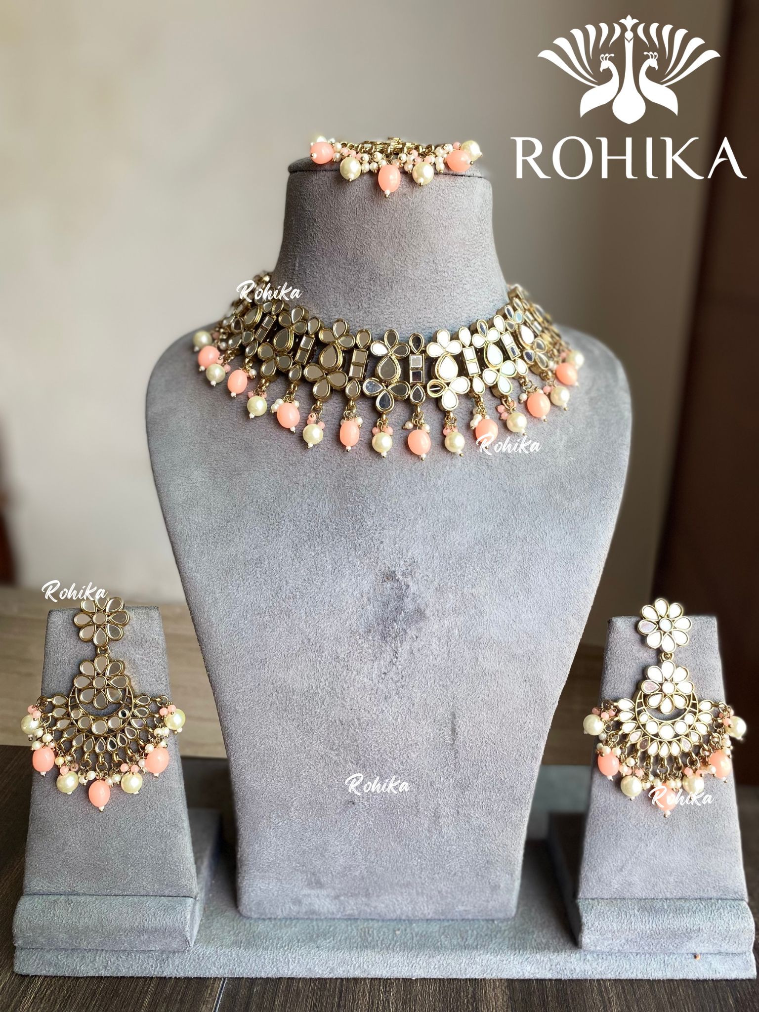 Harsita mirror necklace set - Peach & white