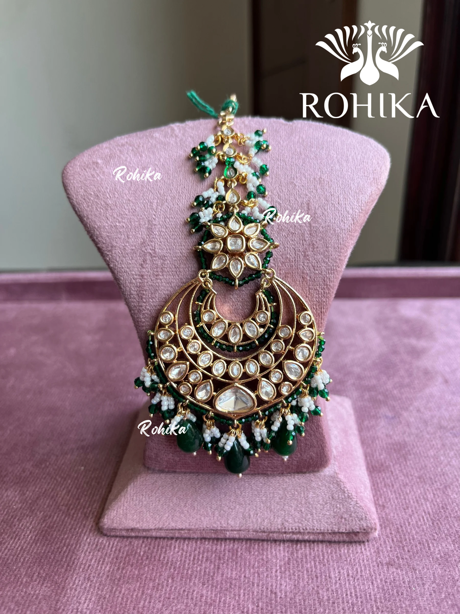 Soohi polki kundan maangtikka - Dark green