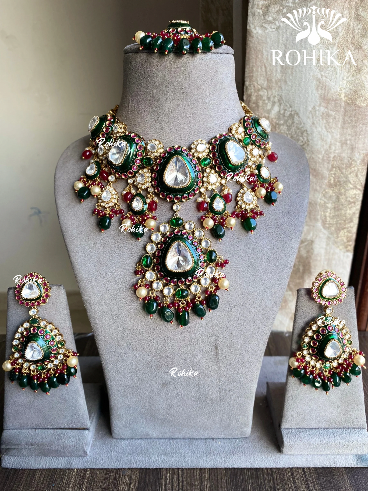 Arpan bikaneri kundan necklace set - Dark green