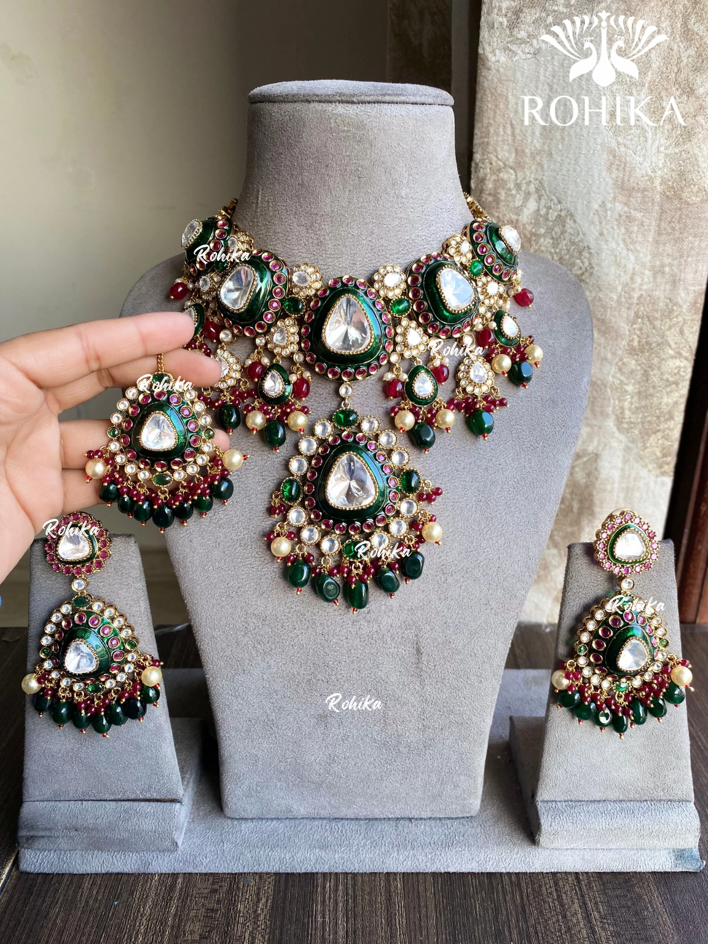 Arpan bikaneri kundan necklace set - Dark green