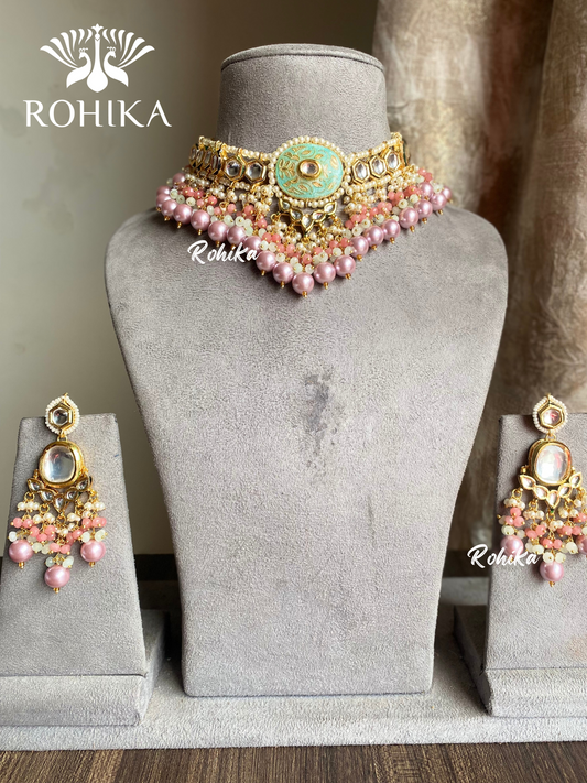 Nitara meenakari kundan necklace set - Pink and mint