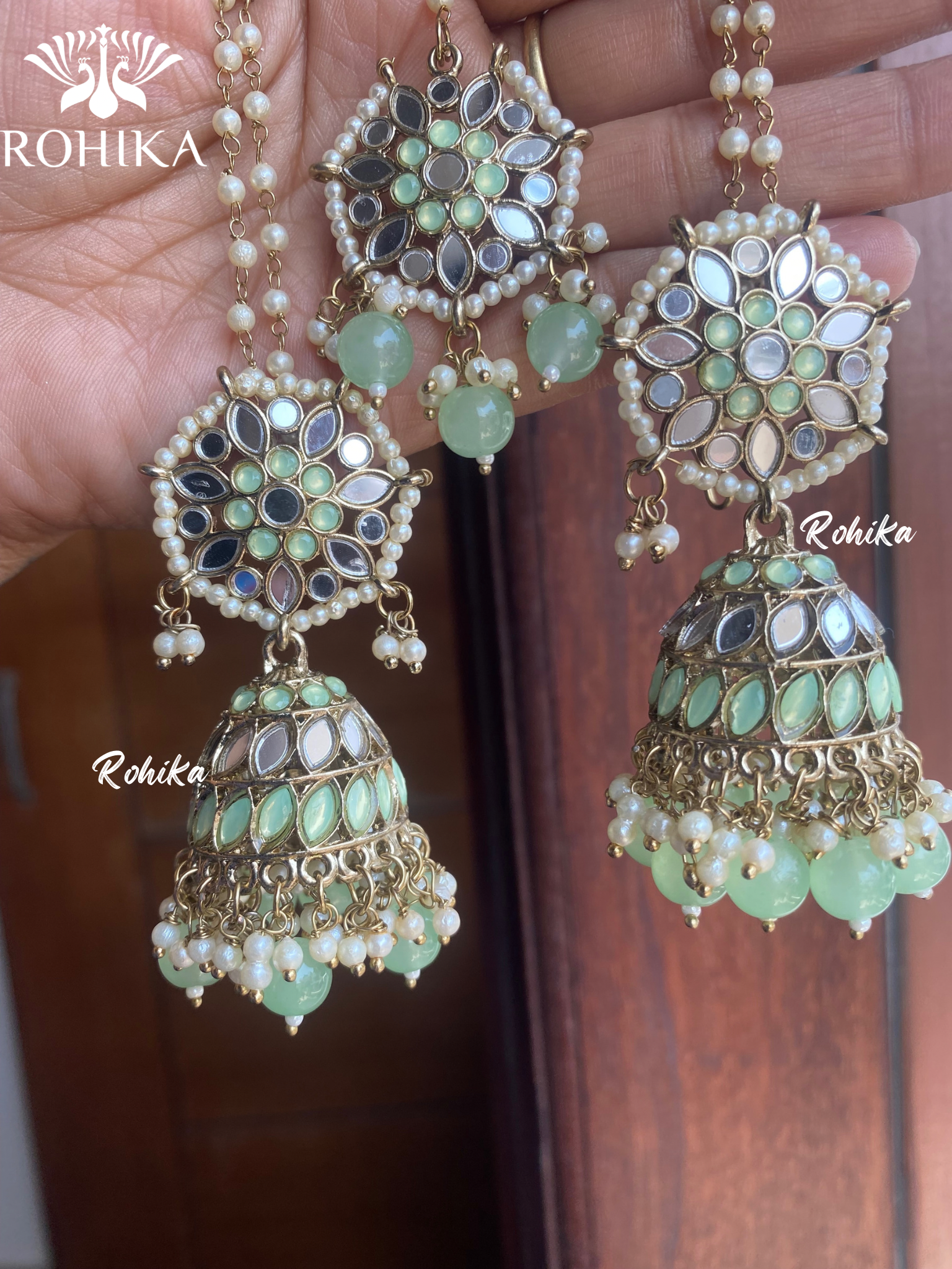 Chamki mirror earrings tikka combo - Mint Green