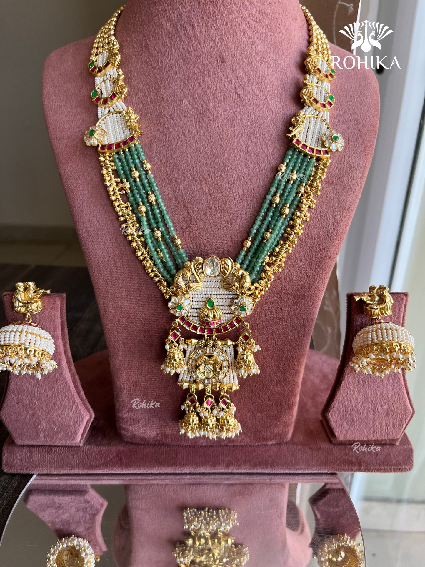 Kalyani Moissanite 22kt Gold Polish Temple Jewellery Set- Mint Green