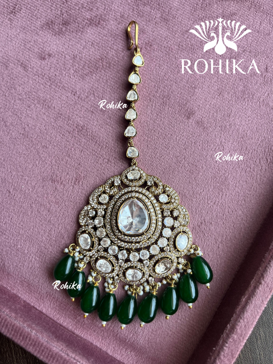 Miya moisinite kundan maangtikka - Dark green