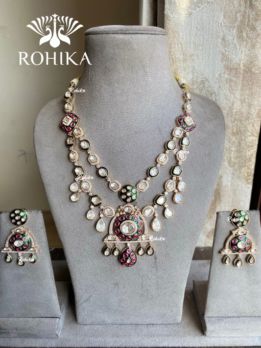 Vanu moisanite polki necklace set - Green and Pink