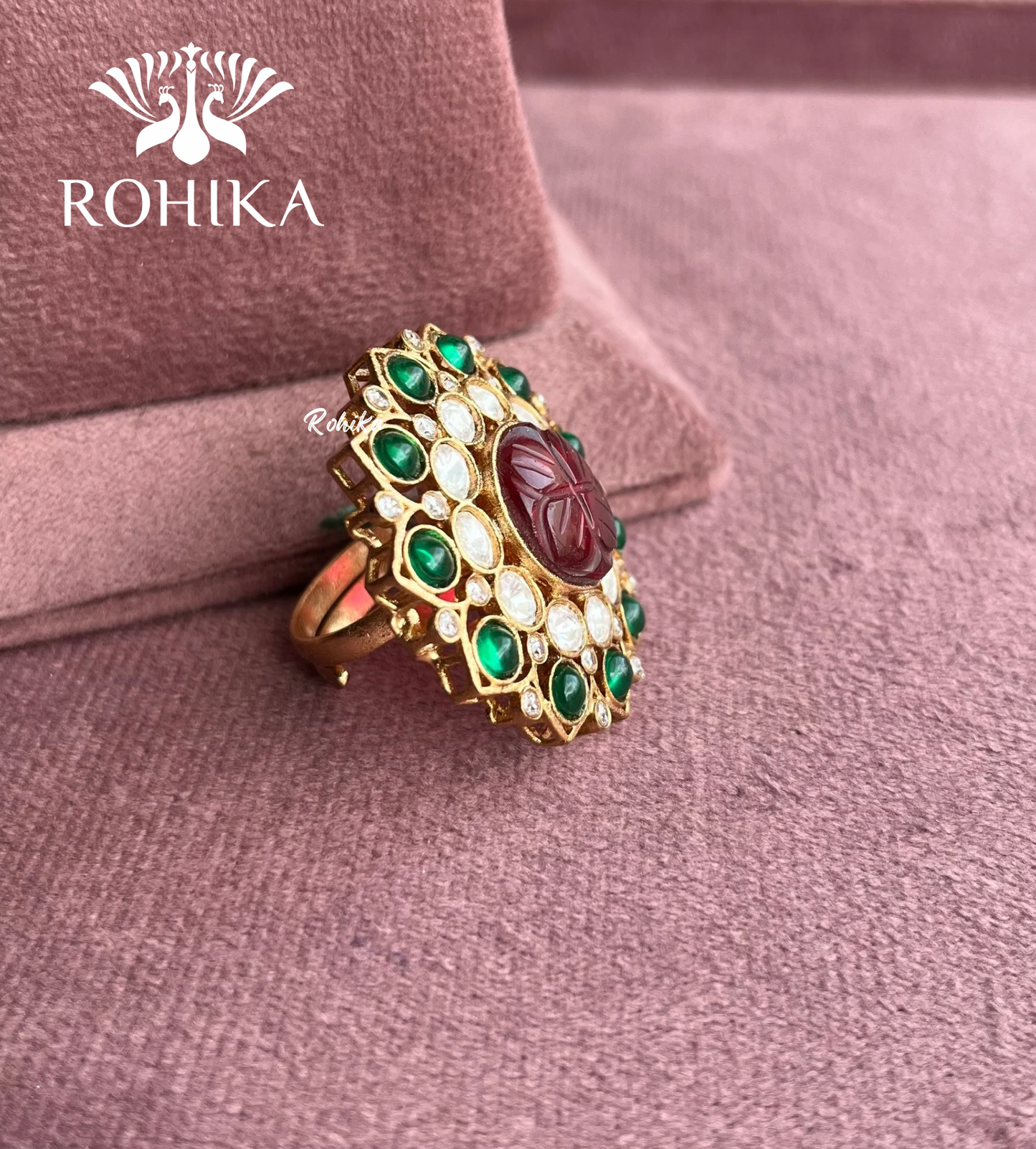 Angana polki kundan ring  (SG-008) - Red and dark green