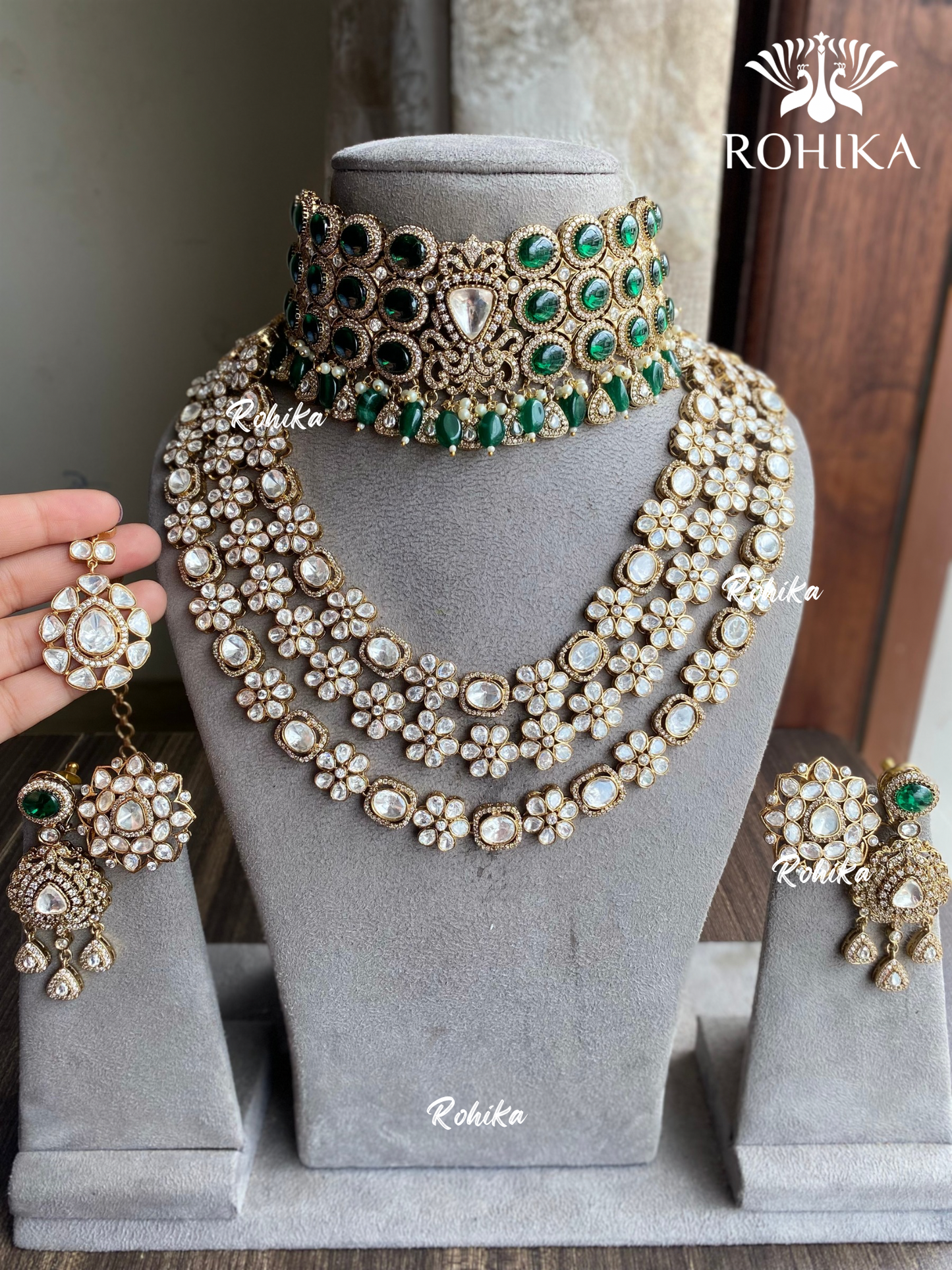 Adya moisanite kundan bridal combo set - Dark Green