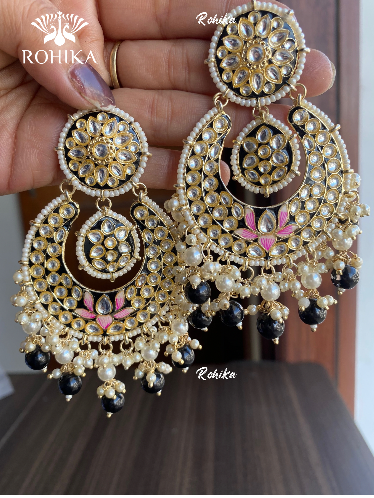 Sudha meenakari chandbali earrings - Black