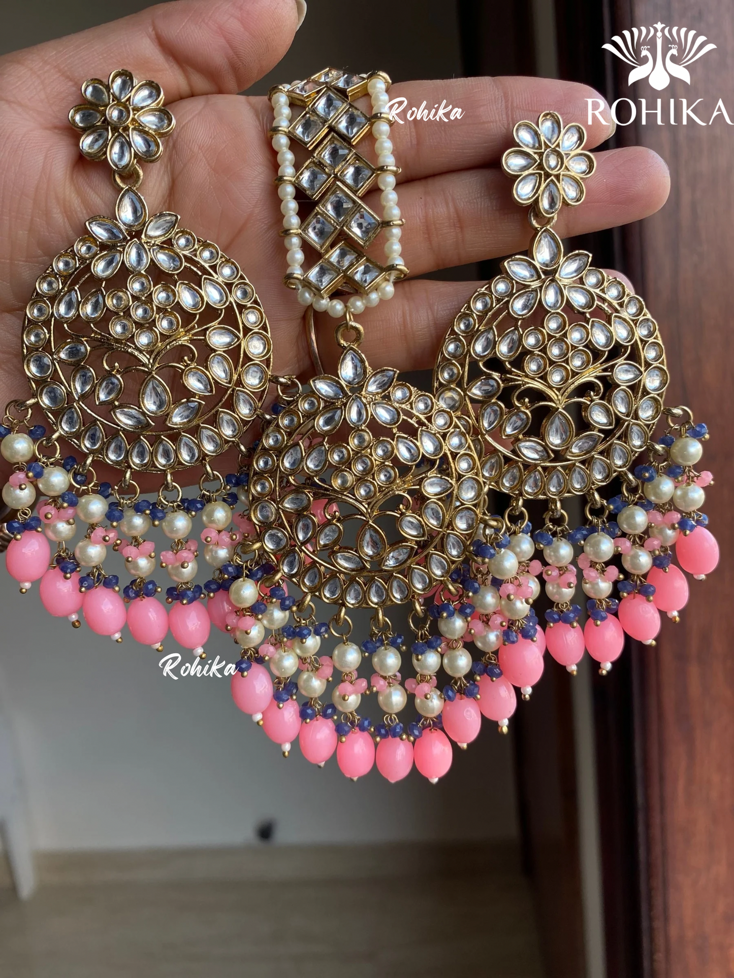 Sapna earrings and maangtikka combo - Pink