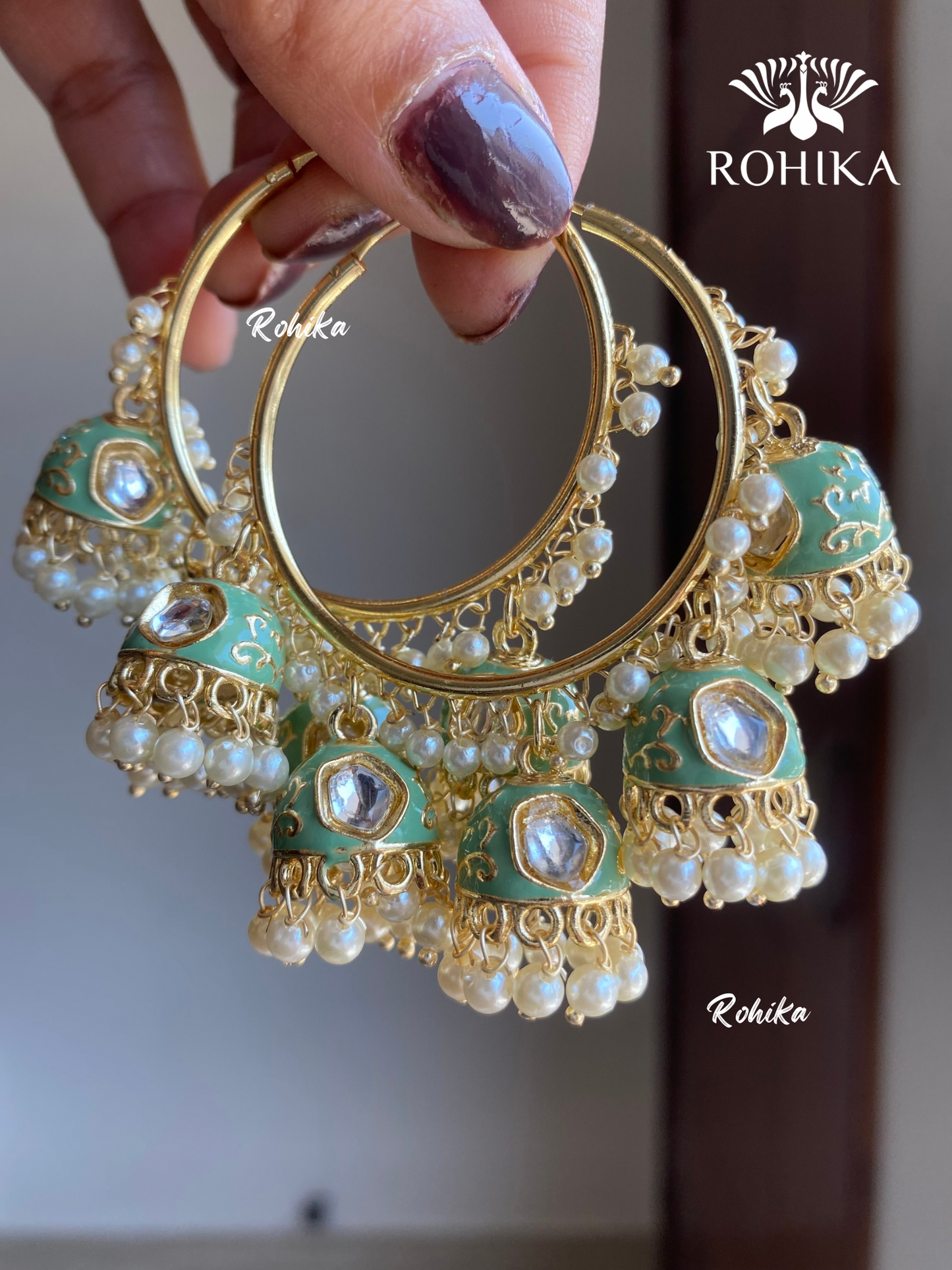 Neena meenakari jhumki bali earrings - Mint green