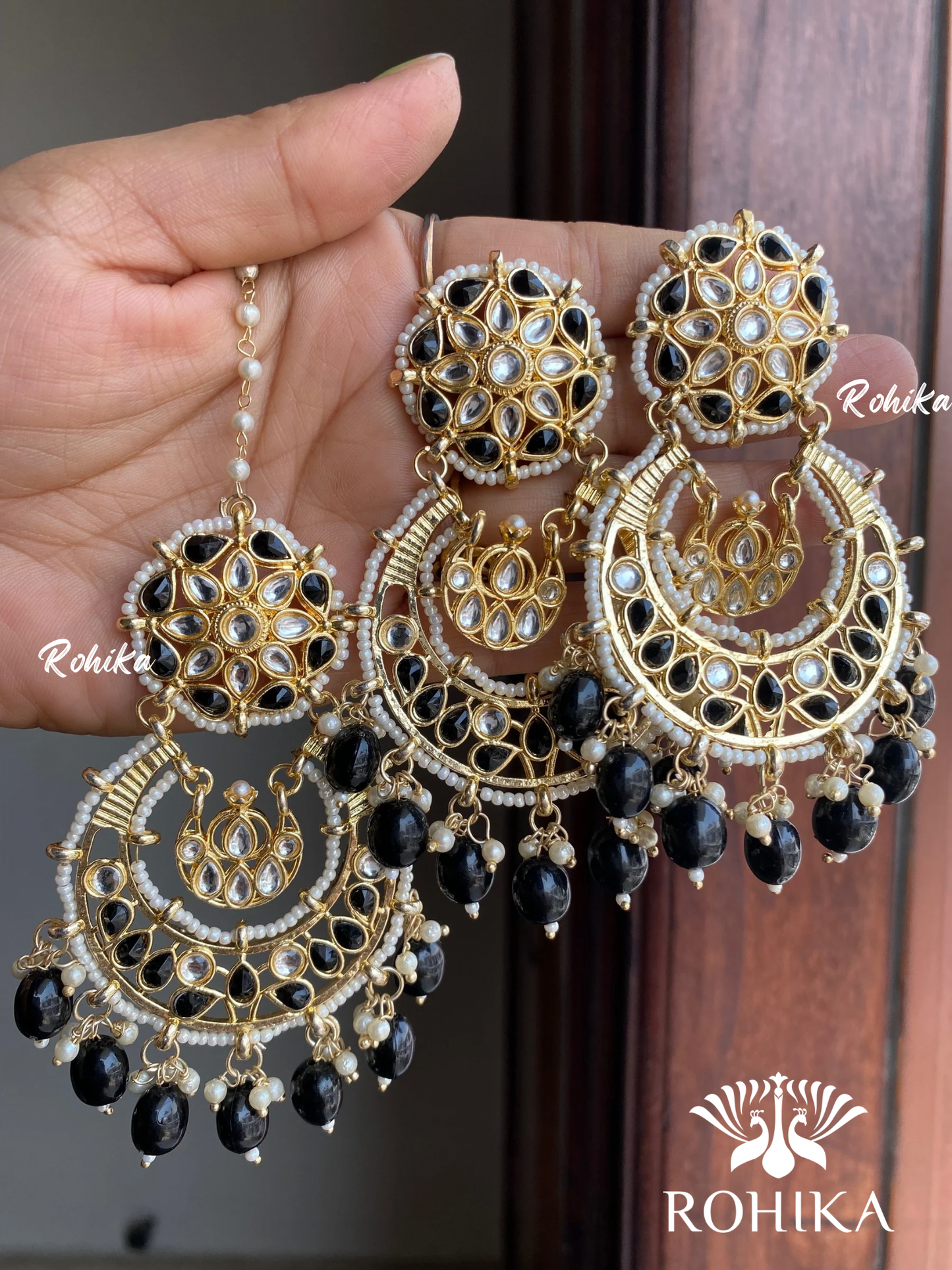 Karina earrings and maangtikka combo - Black