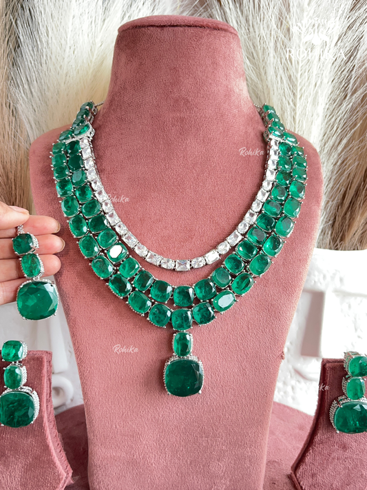 Anvi AD Doublet Layered Necklace Set - Dark Green