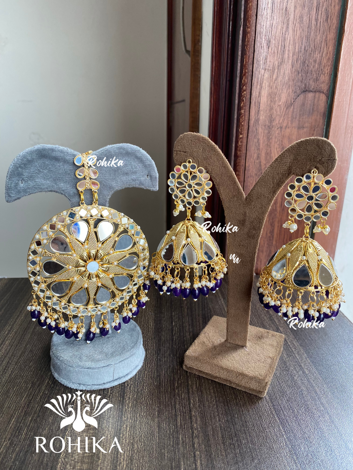 XXL mirror maangtikka with earrings - Navy Blue