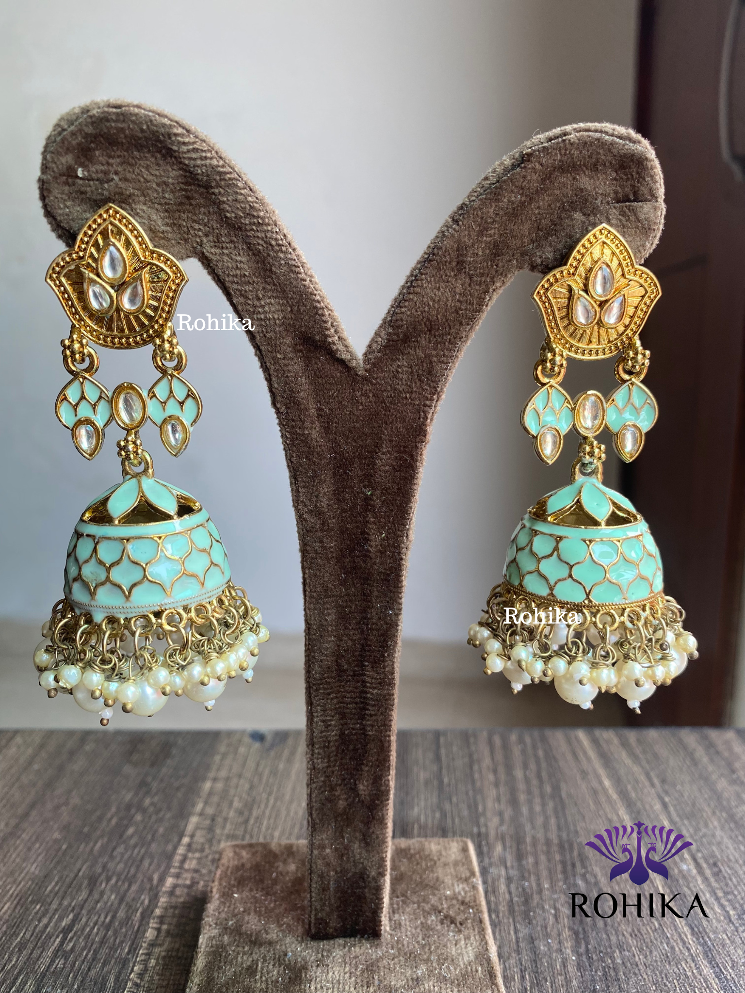 Blossom meenakari jhumka - Sky Blue