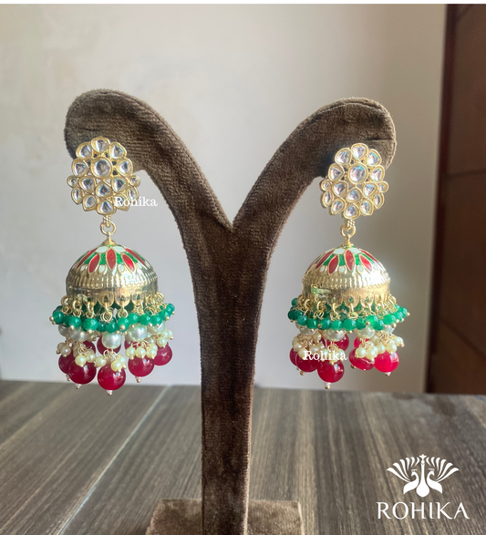 Rashmika jhumka earrings - Maroon and green