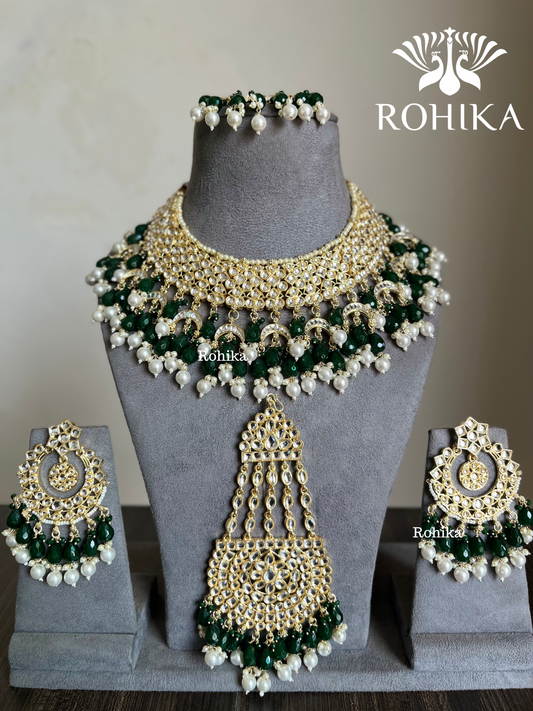 Shaheen Dabi Kundan bridal necklace set - Dark Green