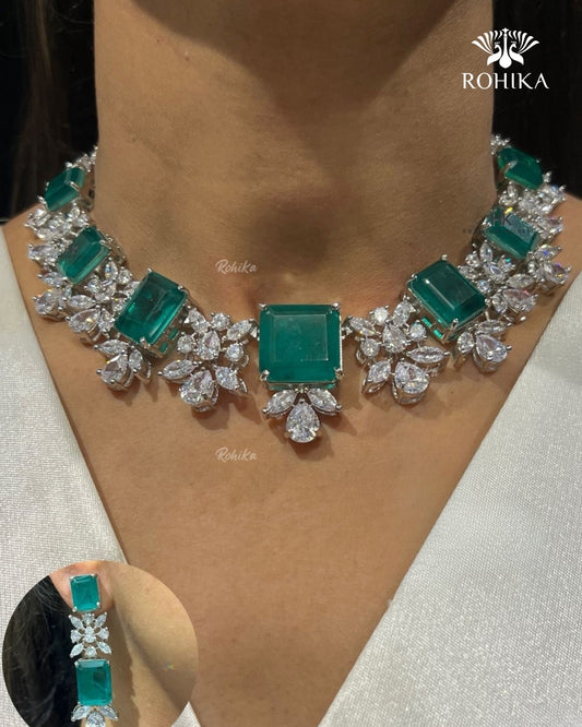 Jasmine American Diamond Necklace -Mint Green