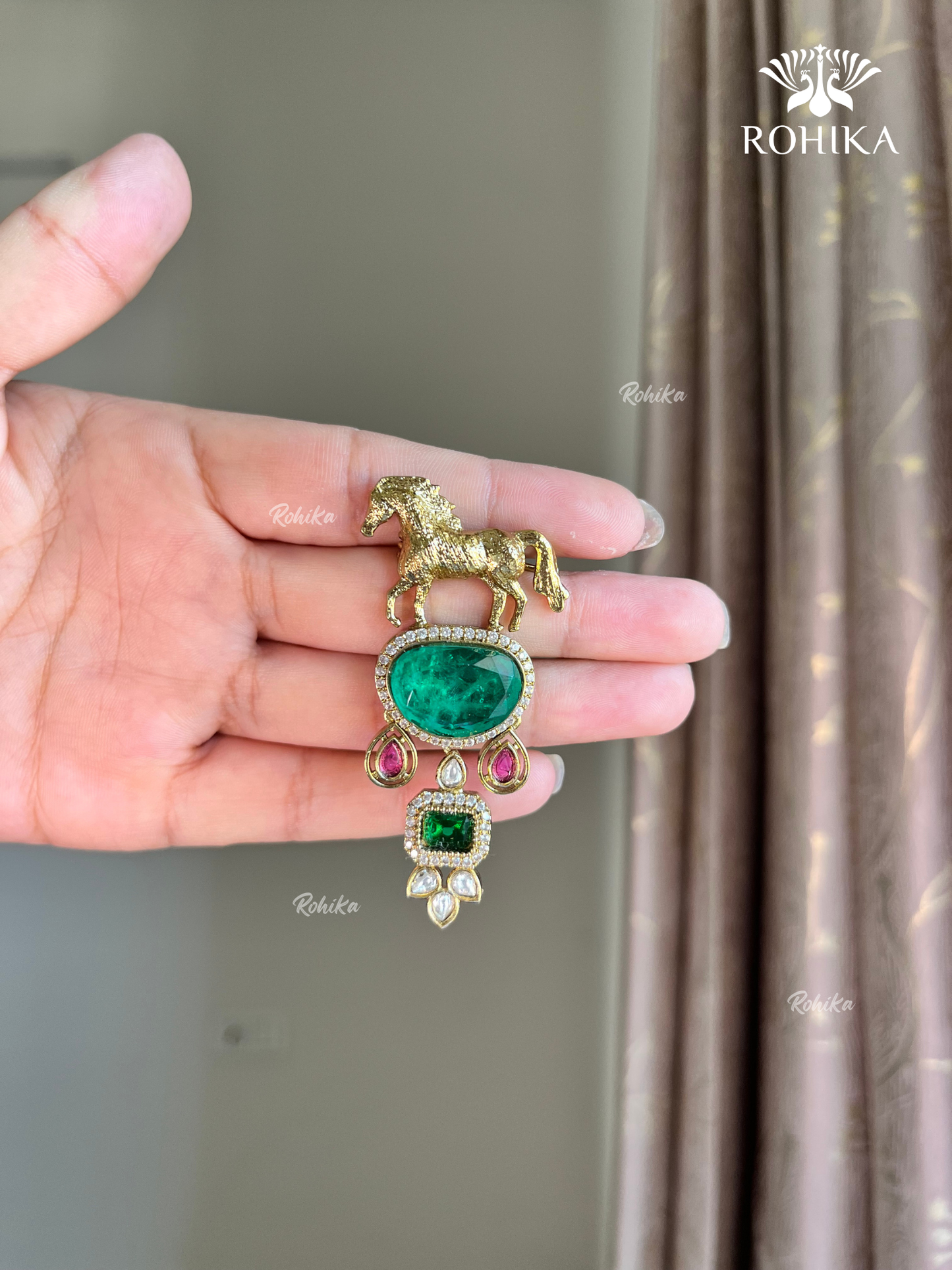 Polki Kundan Brooch (BR-019) - Green and ruby red
