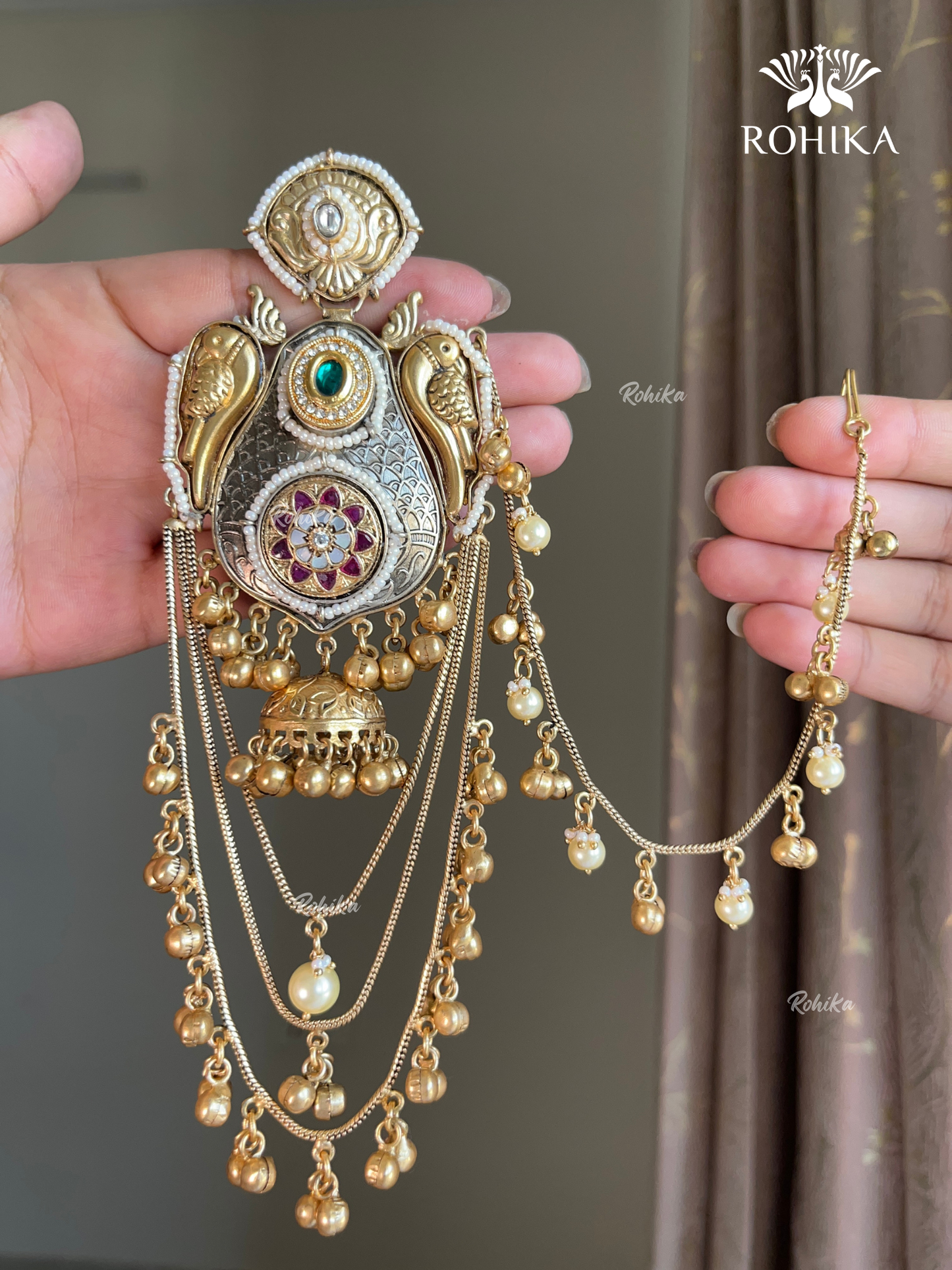 Piya polki  jhumka earrings with earchains(EE-005)- Dark green and Ruby Red