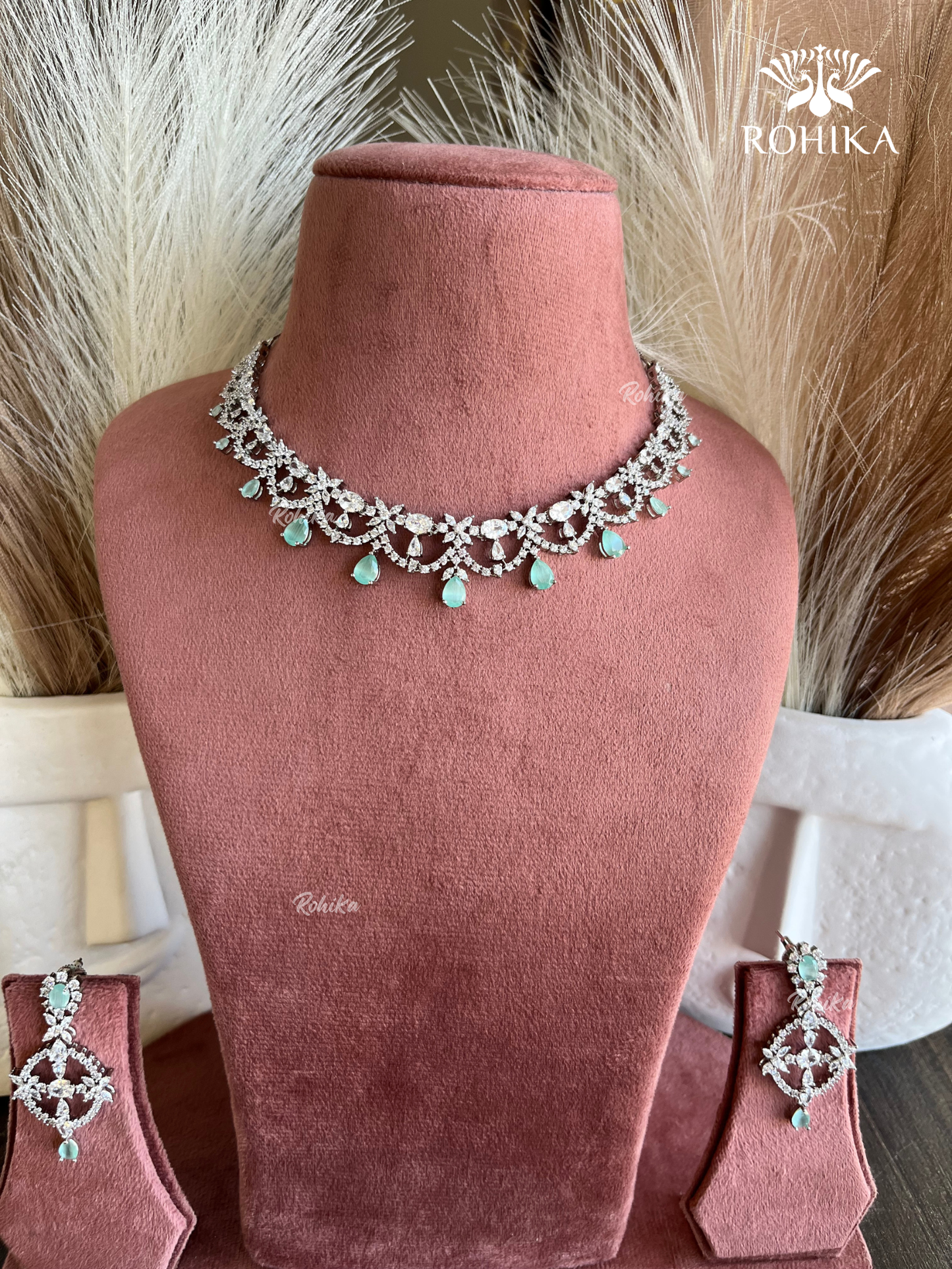 Hinaya American diamond necklace set - Mint green