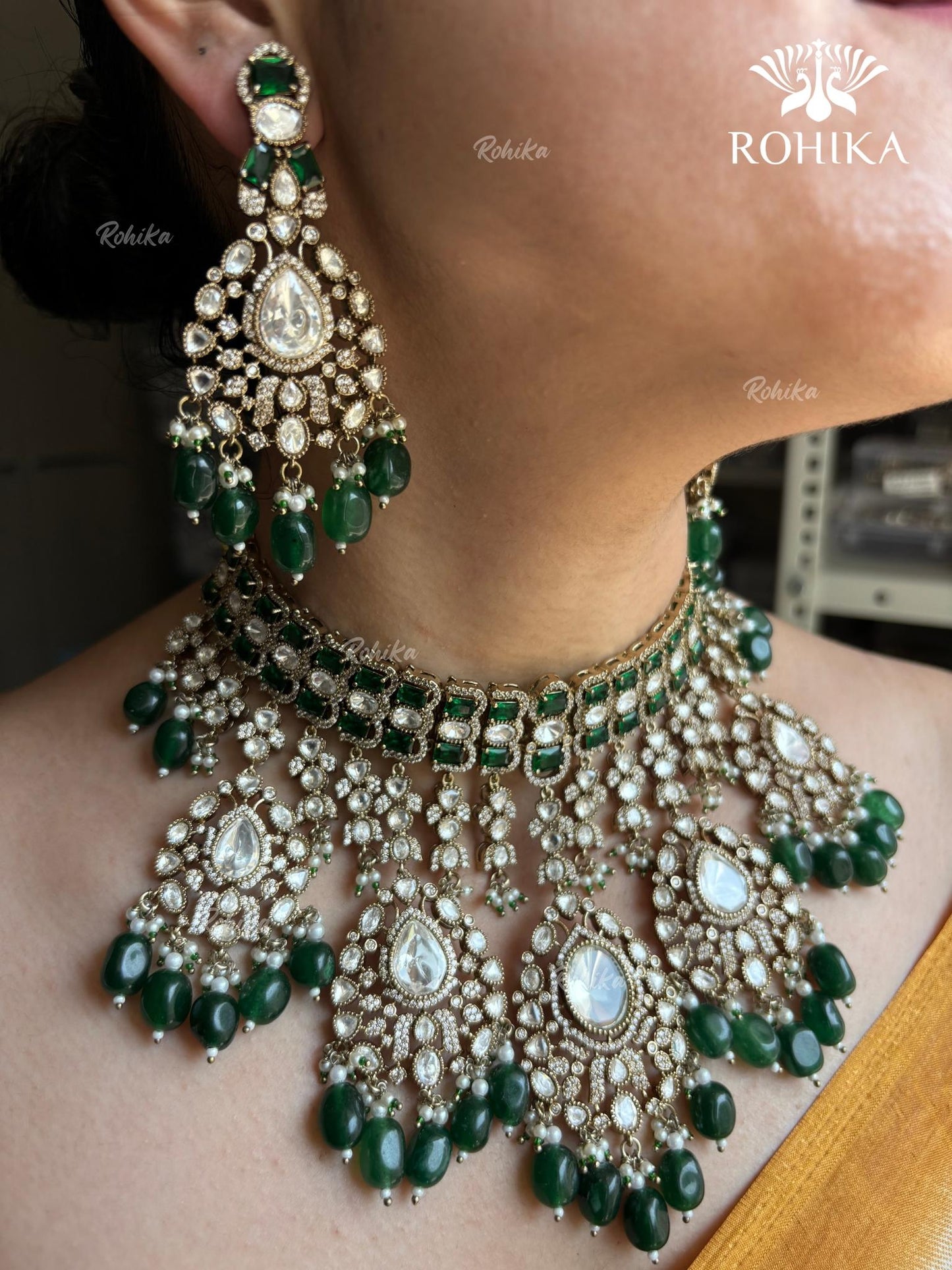 Anokhi Polki Kundan Bridal Necklace Set - Dark green
