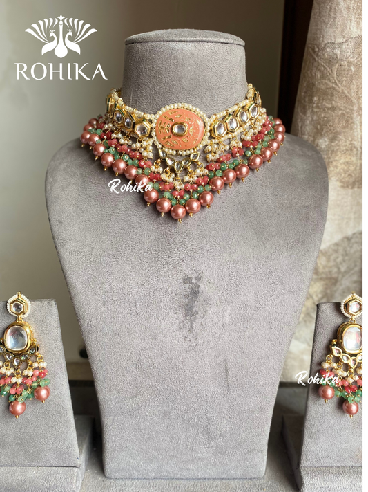 Nitara meenakari kundan necklace set - Peach