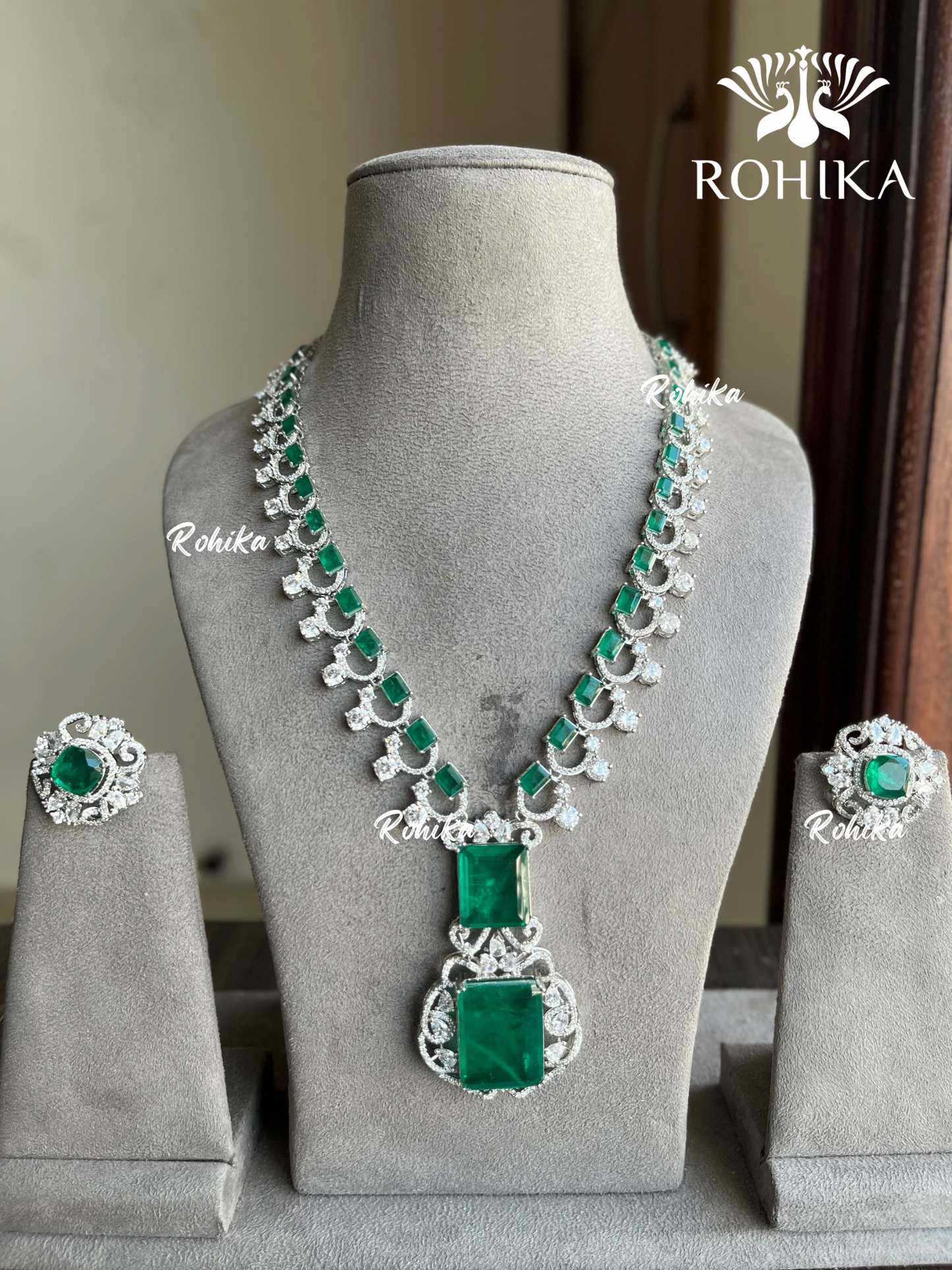 Nita American diamond necklace set - Dark green