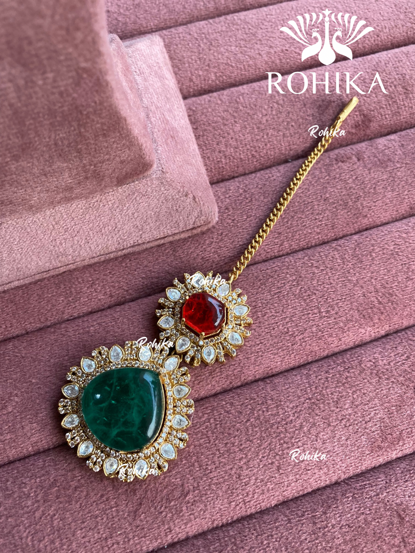 Siya doublet stone maangtikka - Red & dark green