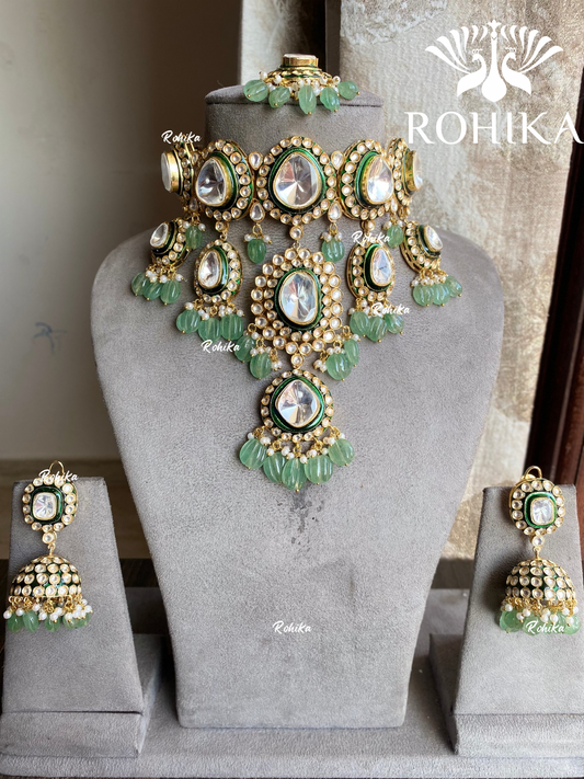 Garuda polki kundan bridal necklace set - Mint green