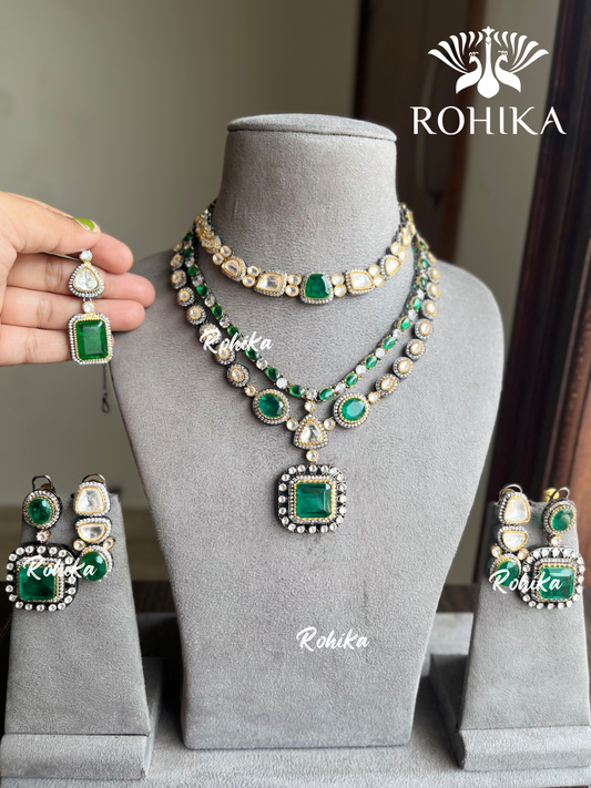 Surili doublet polki kundan combo set - Dark Green