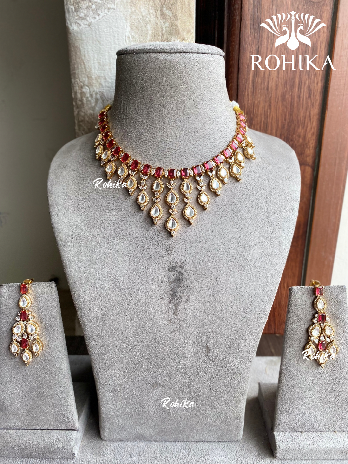 Aashi polki kundan necklace set - Red