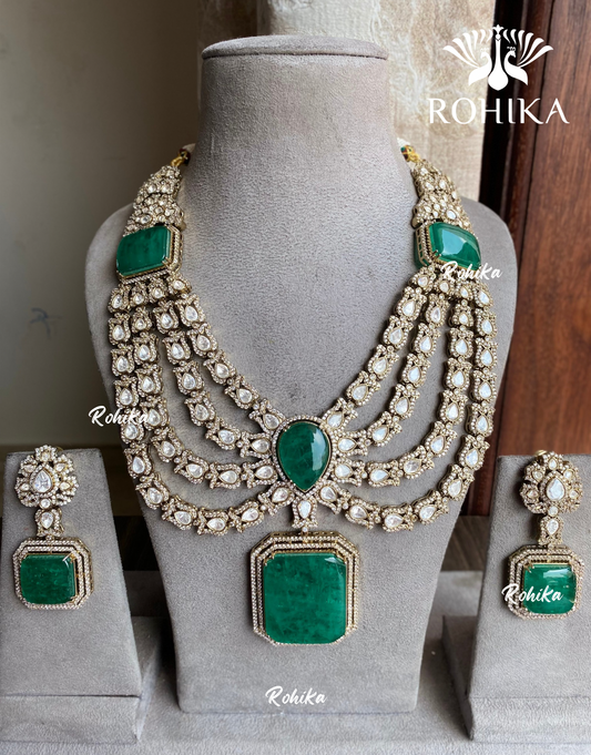 Agira moisanite long necklace set -  Dark Green