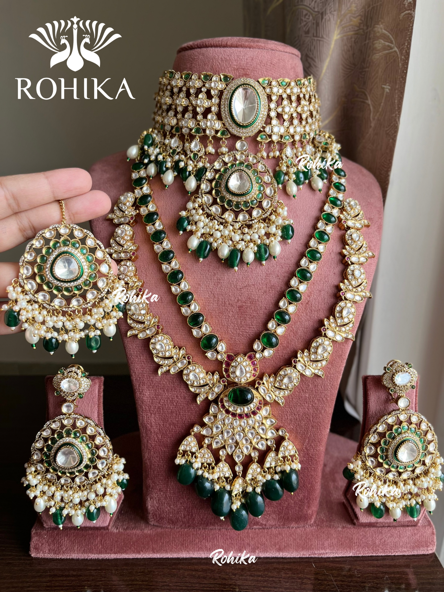 Maitri bikaneri kundan necklace combo set - Dark green