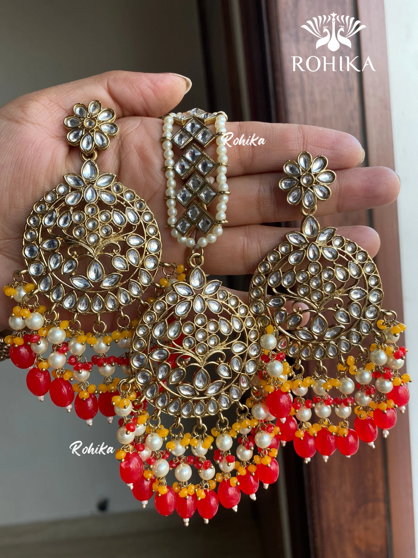 Sapna earrings and maangtikka combo - Red